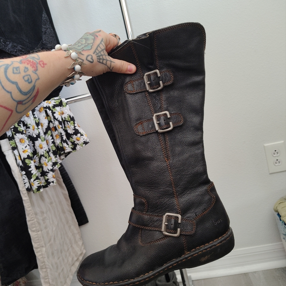 Moto Knee Hi Black Genuine Leather Buckle Boots B.O.C
